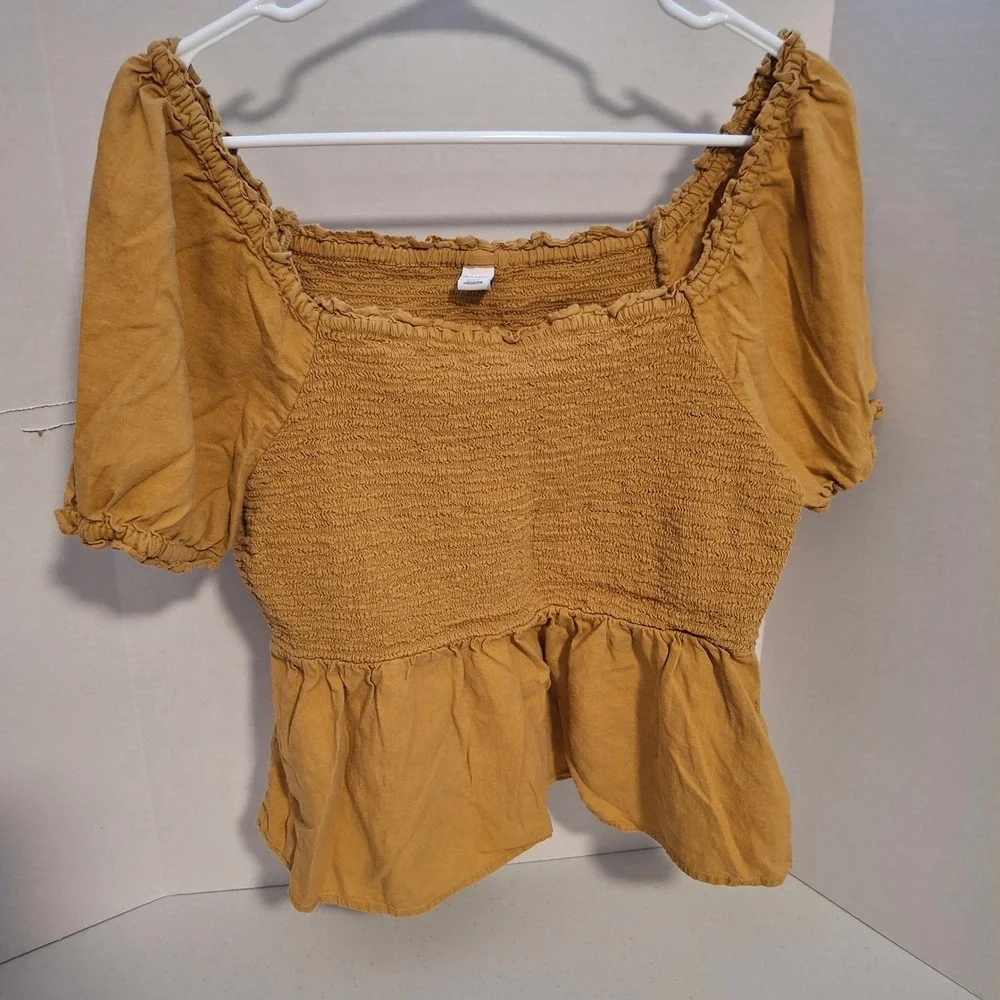 OLD NAVY Womens Yellow Linen Blend Smocked Peplum Top Square Neck Puff Sleeve‎ L